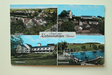 Ansichtskarte AK Gruß aus Katzenelnbogen Taunus 1960er Jahre Landwirtschaft Schule Schwimmbad Freibad Sanatorium Architektur Ortsansicht Rheinland Pfalz